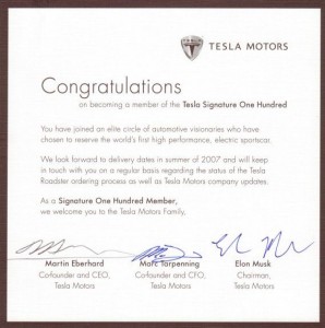 Il certificato n.100 dei possessori di Tesla