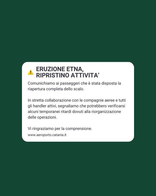 Chiuso e riaperto l'aeroporto di Catania per eruzione vulcanica